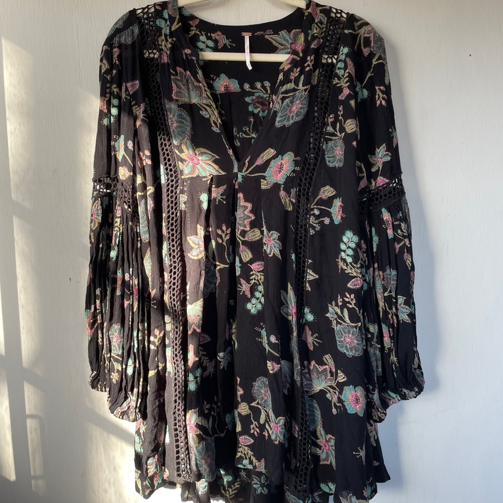 Free People Black Floral Pattern Tunic Dress